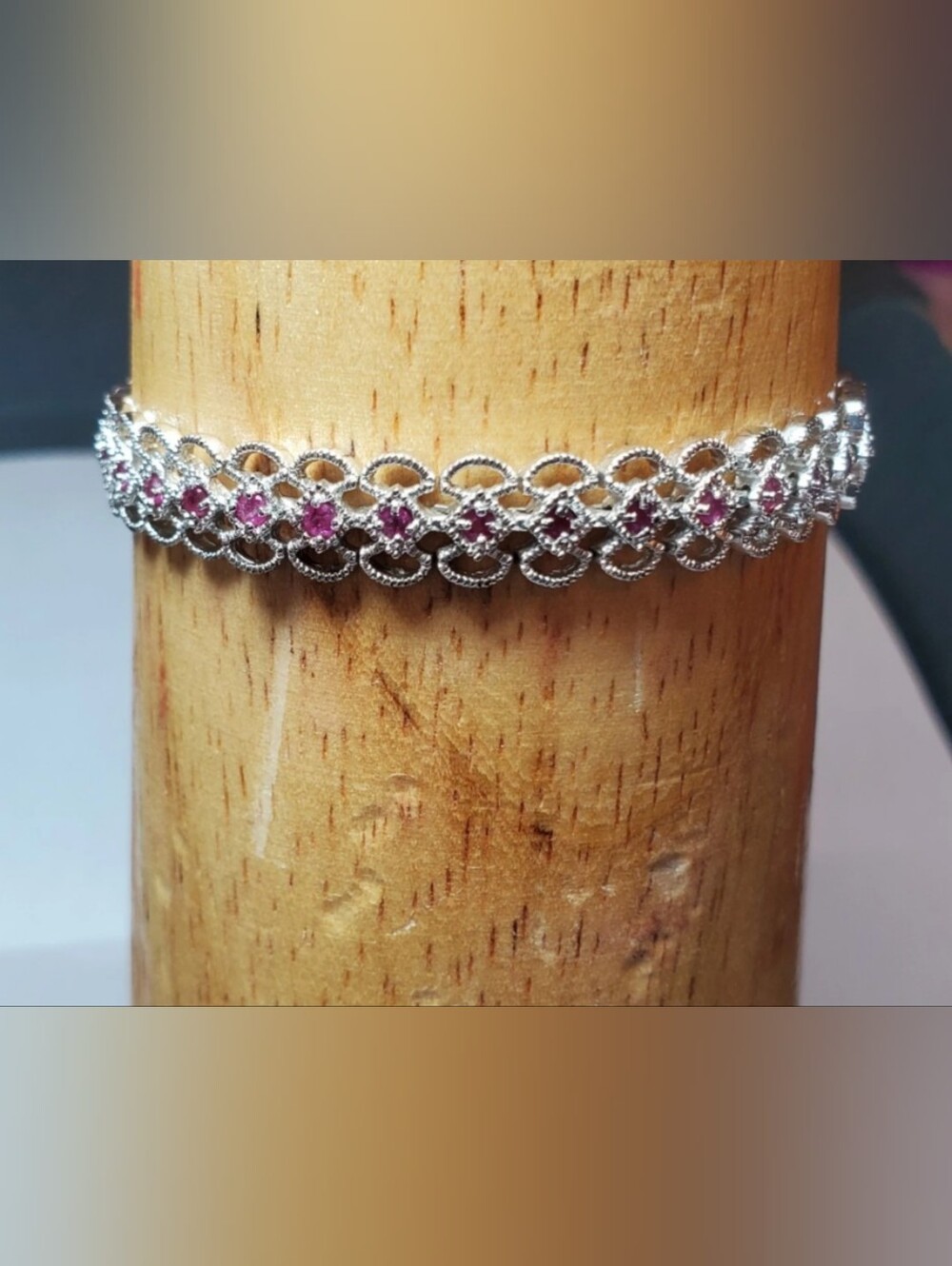 Silver 925 Filigree Bracelet with Pink Rubies Gem Accents
